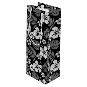 BLACK WITH TROPICAL WHITE HIBISCUS FLOWERS WINE GIFT BAG