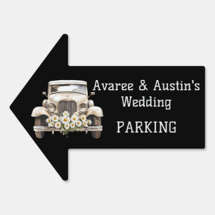 Black With Vintage Car and White Daisies Wedding  Sign