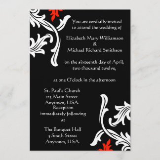 Black with White and Red Damask Wedding Invitation