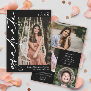 Black with White Calligraphy Photo Graduation Invitation