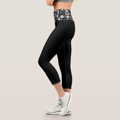 Black with White Daisy Floral High Waisted Capris