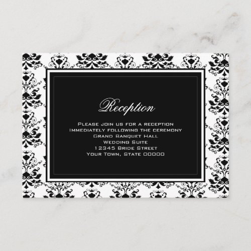 Black with White Damask Elegant Reception Card