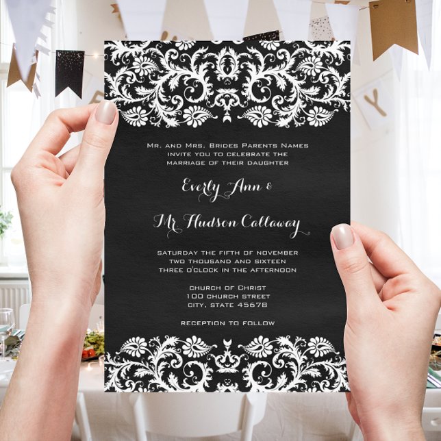 Black with White Damask Lace Heirloom Wedding Invitation (Creator Uploaded)