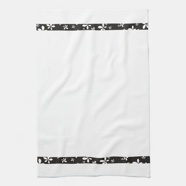 Black with White Flowers Border Tea Kitchen Towel (Vertical)