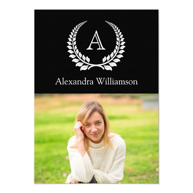 Black with White Monogram Laurel Photo Graduation Card