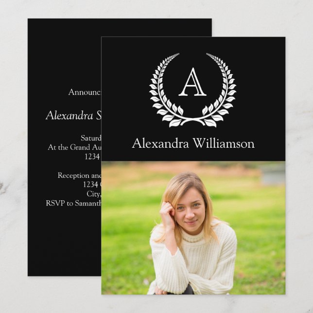 Black with White Monogram Laurel Photo Graduation Invitation (Front/Back)