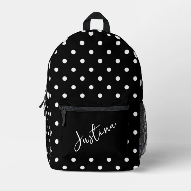 Black with White Polka Dots Personalized  Printed Backpack (Front)