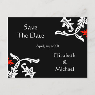 Black with White, Red Damask Wedding Save The Date Announcement Postcard