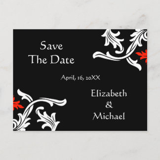 Black with White, Red Damask Wedding Save The Date Announcement Postcard
