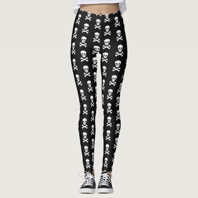 Black with White Skulls & Bones Pattern Leggings (Front)