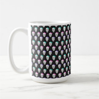 BLACK WITH WHITE SKULLS WITH PINK PURPLE GREEN BOW COFFEE MUG