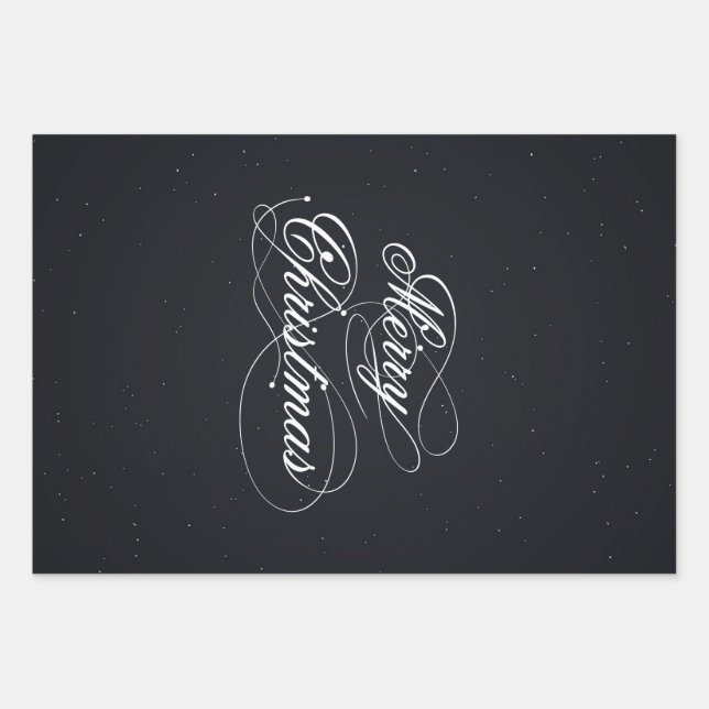 Black With White Sparks Merry Christmas Wrapping Paper Sheets (Front)