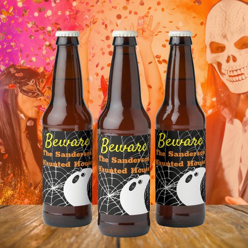 Black with White Spider Webs and cute Modern Ghost Beer Bottle Label