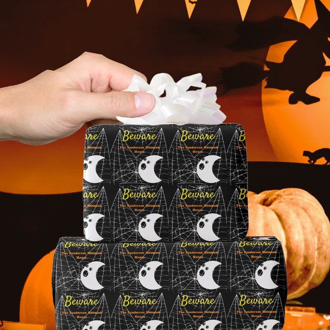 Black with White Spider Webs and cute Modern Ghost Wrapping Paper (Creator Uploaded)