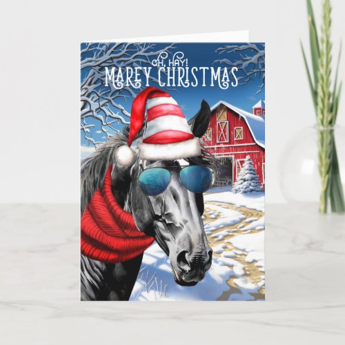 Black with White Star Horse Funny MAREy Christmas Holiday Card