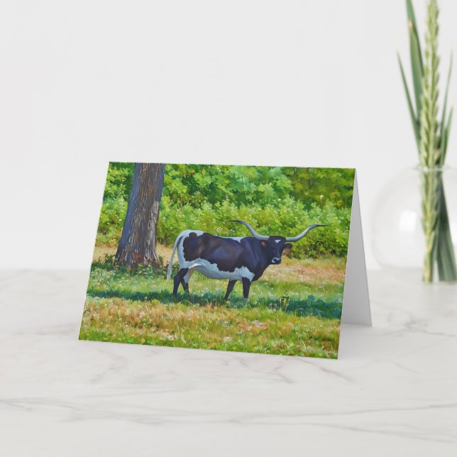 Black with White Texas Longhorn Cow Art Note Card (Front)