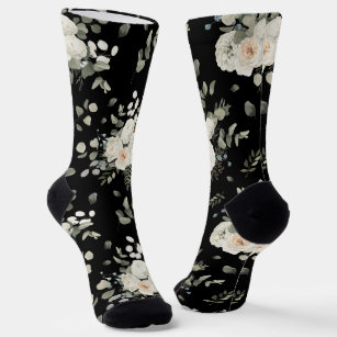 Black with White Wedding Floral Bouquet Pattern Socks