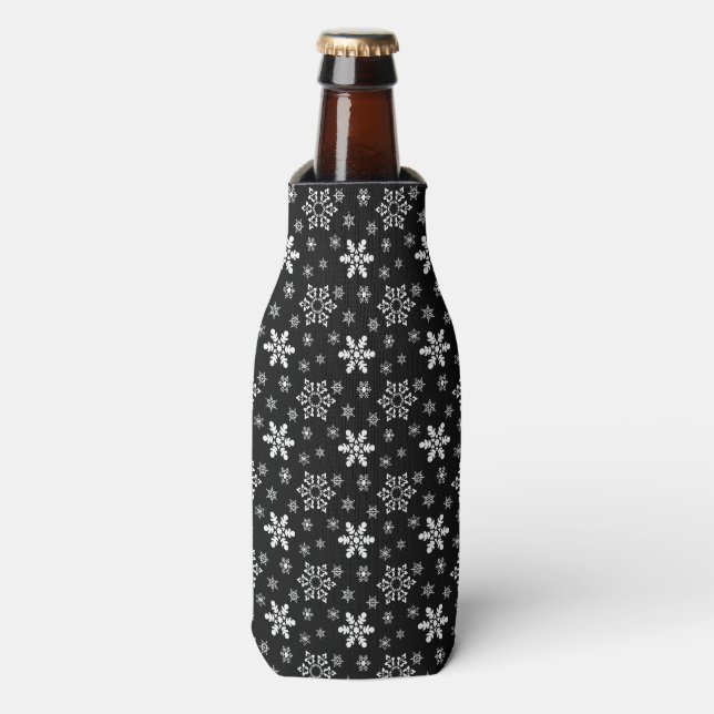 BLACK WITH WHITE WINTER SNOWFLAKES BOTTLE COOLER (Bottle Front)
