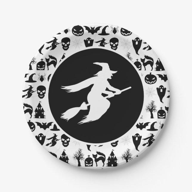 Black with White Witch Halloween Paper Plates (Front)