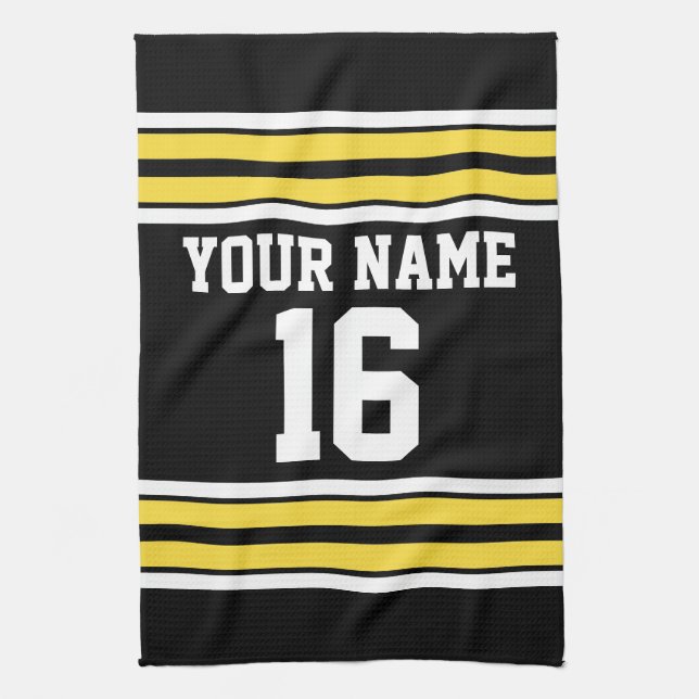 Black with Yellow White Stripes Team Jersey Kitchen Towel (Vertical)