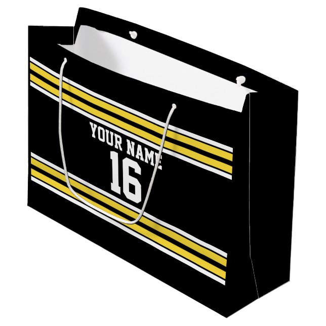 Black with Yellow White Stripes Team Jersey Large Gift Bag (Front Angled)