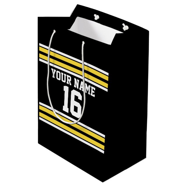 Black with Yellow White Stripes Team Jersey Medium Gift Bag (Back Angled)