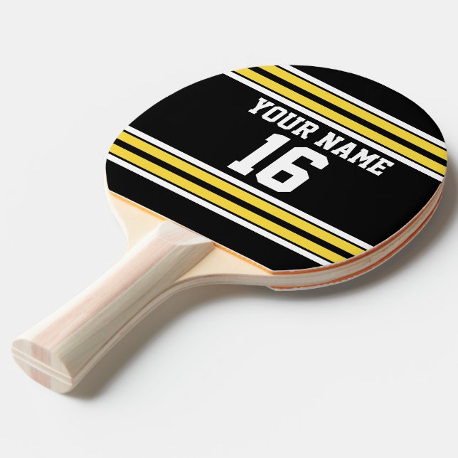 Black with Yellow White Stripes Team Jersey Ping-Pong Paddle (Front Angle)