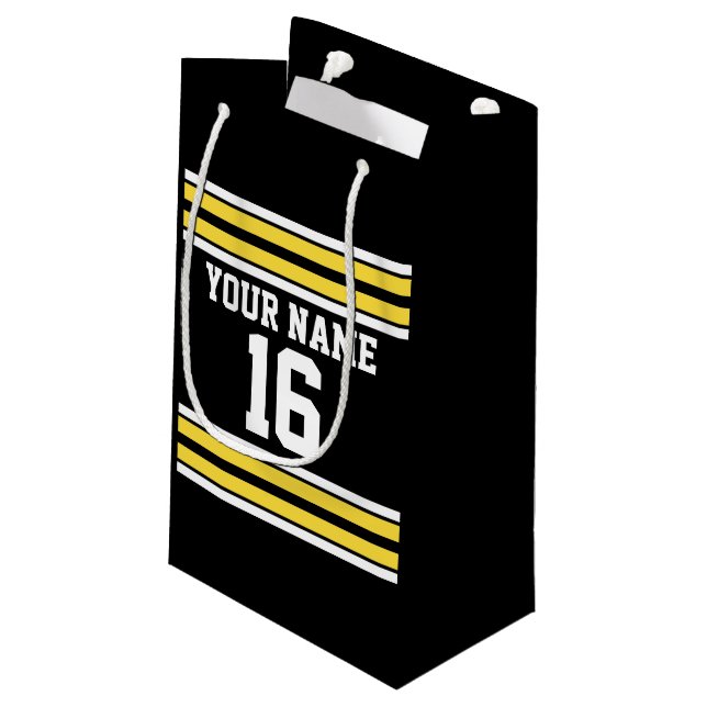 Black with Yellow White Stripes Team Jersey Small Gift Bag (Back Angled)