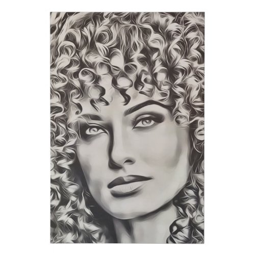 Black withe image of woman with curly hair faux canvas print