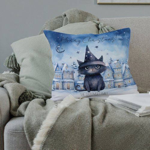 Black Wizard Cat Blue Christmas Houses background Throw Pillow