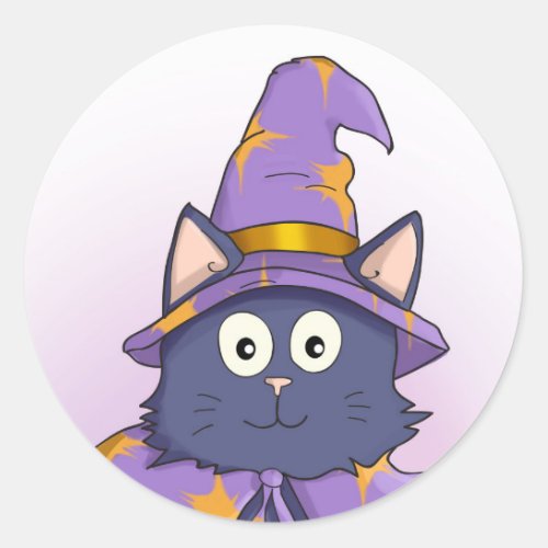 Black Wizard Cat with Purple Hat Classic Round Sticker
