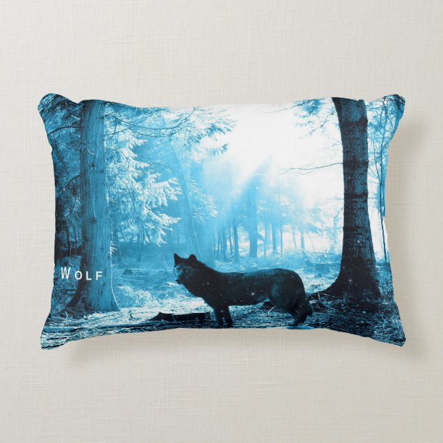 Black Wolf Alone in the Forest Decorative Pillow (Front)