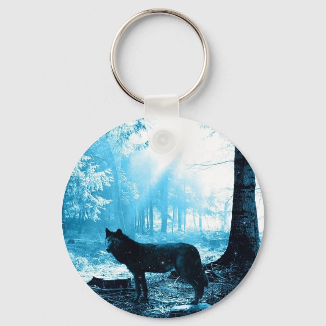 Black Wolf Alone in the Forest Keychain (Front)