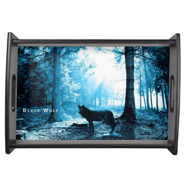 Black Wolf Alone in the Forest Serving Tray (Front)