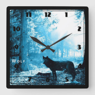 Black Wolf Alone in the Forest Square Wall Clock