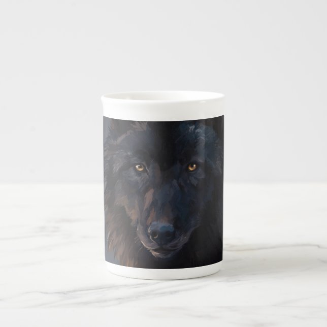Black wolf bone china mug (Front)