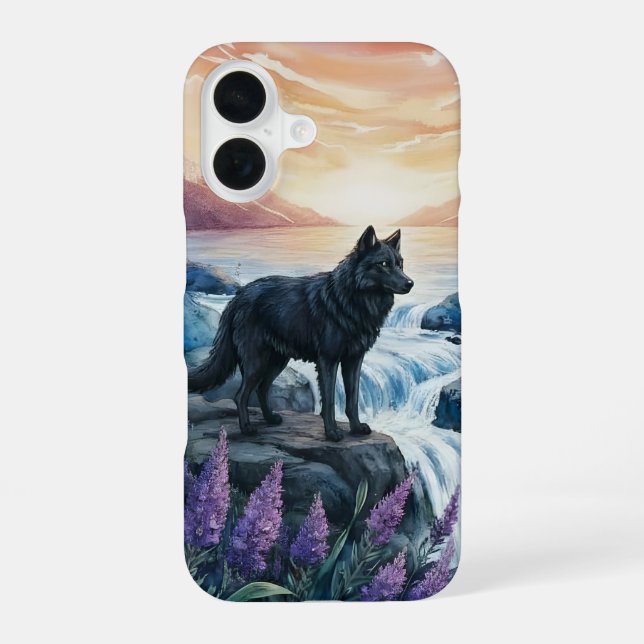 black wolf by water fall at sunrise  iPhone case (Back)