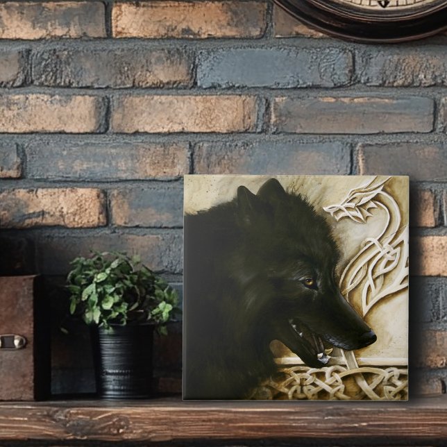 Black Wolf Celtic Dragon Knotwork Fantasy Ceramic Tile (Creator Uploaded)