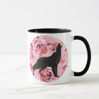 Black Wolf Dark Pink Roses Mug