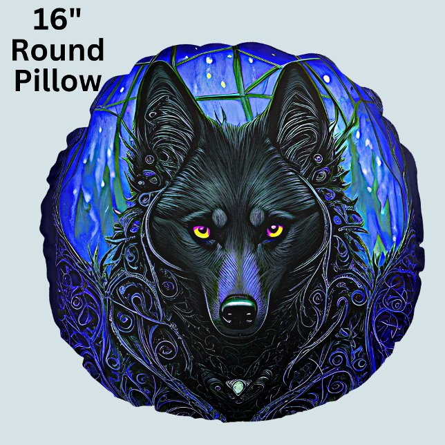 Black Wolf Dog on Blue   Round Pillow (Creator Uploaded)