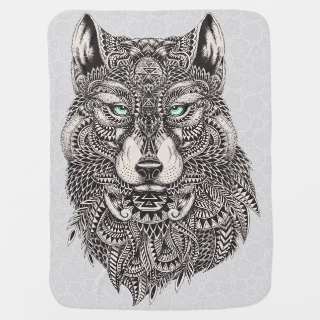 Black Wolf Green Eyes Abstract Illustration Stroller Blanket (Front)