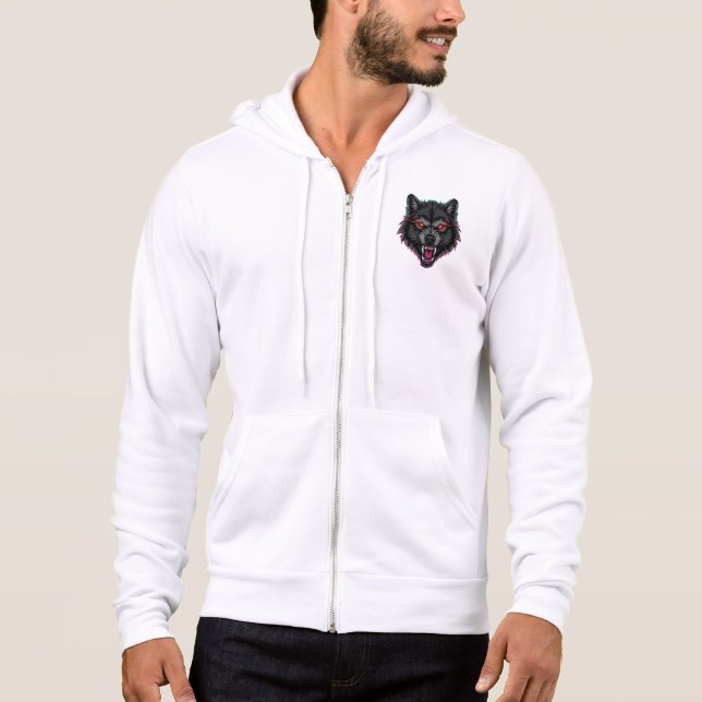 Black Wolf Head Hoodie – Fierce Red-Eyed Wolf Desi (Front)