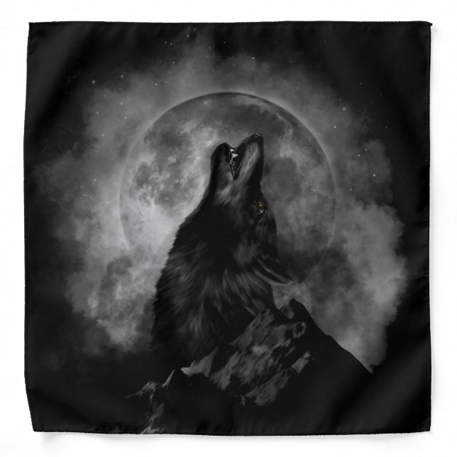 Black Wolf Howling Black & White Bandana (Front)
