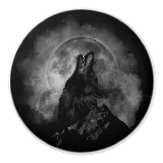 Black Wolf Howling Black & White Ceramic Knob (Front)