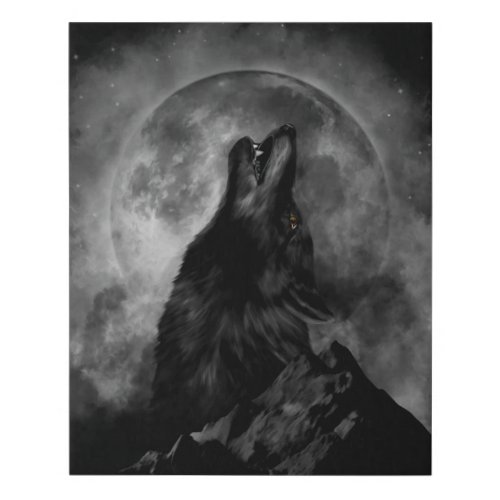 Black Wolf Howling Black  White Faux Canvas Print