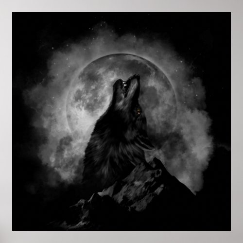 Black Wolf Howling Black  White Poster