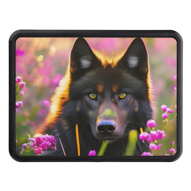 Black wolf in pink flowers hitch cover (Front)