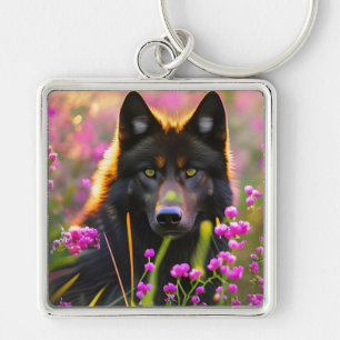 black wolf in pink flowers keychain