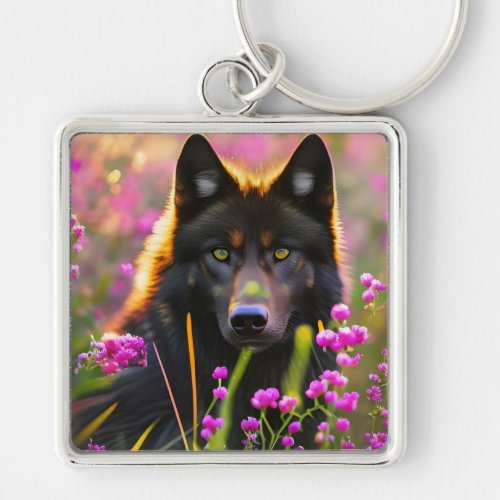 black wolf in pink flowers   keychain