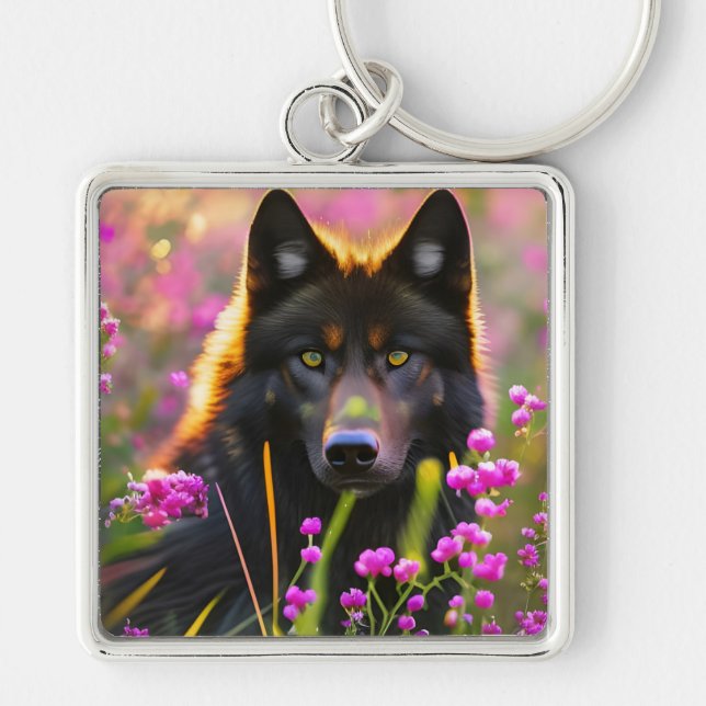 black wolf in pink flowers   keychain (Front)